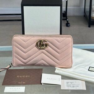 Gucci Wallet Long Wallet/Gg Marmont Round Zipper 443123 Leather Dusty Pink Box